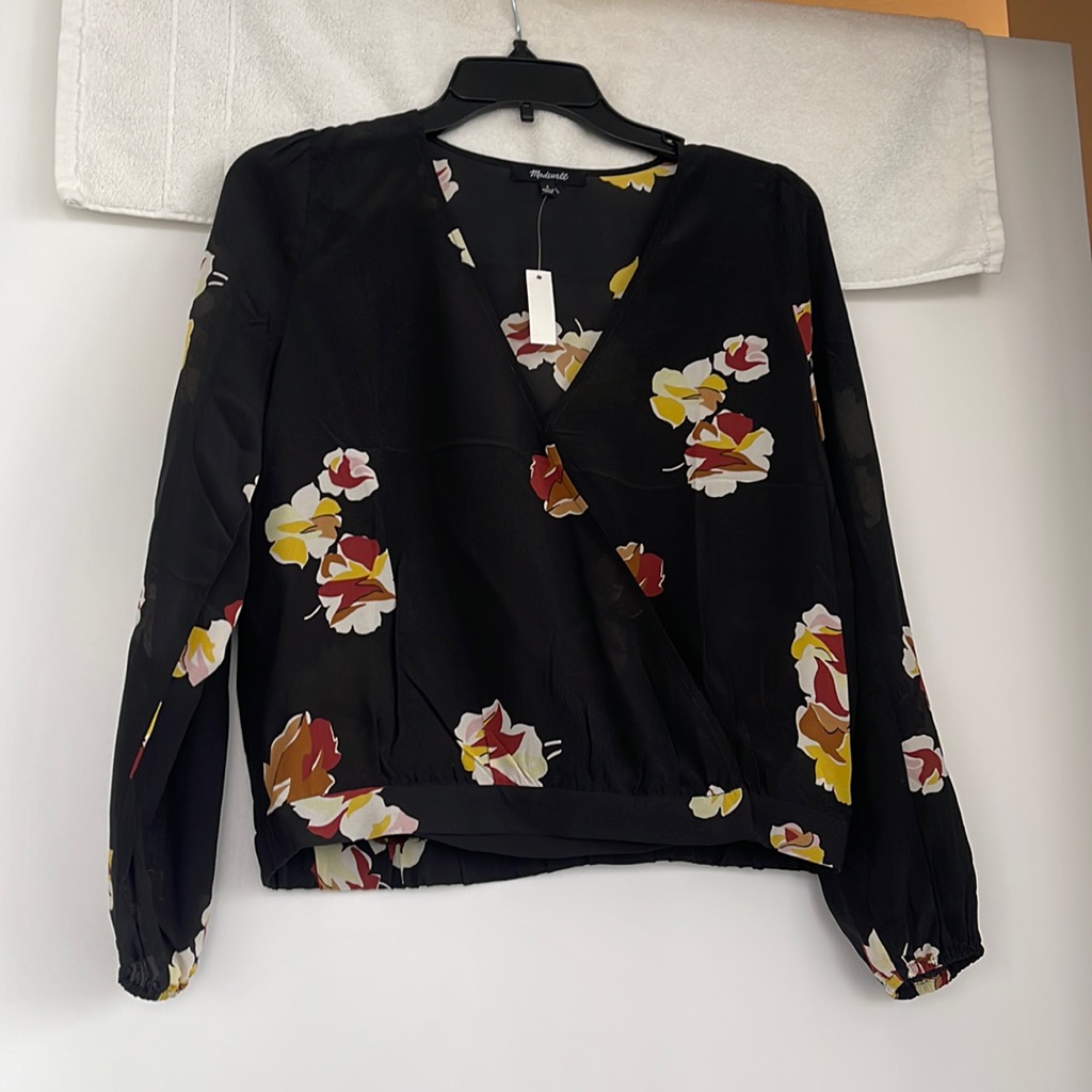 Floral Wrap Front Long-Sleeve Top - Black